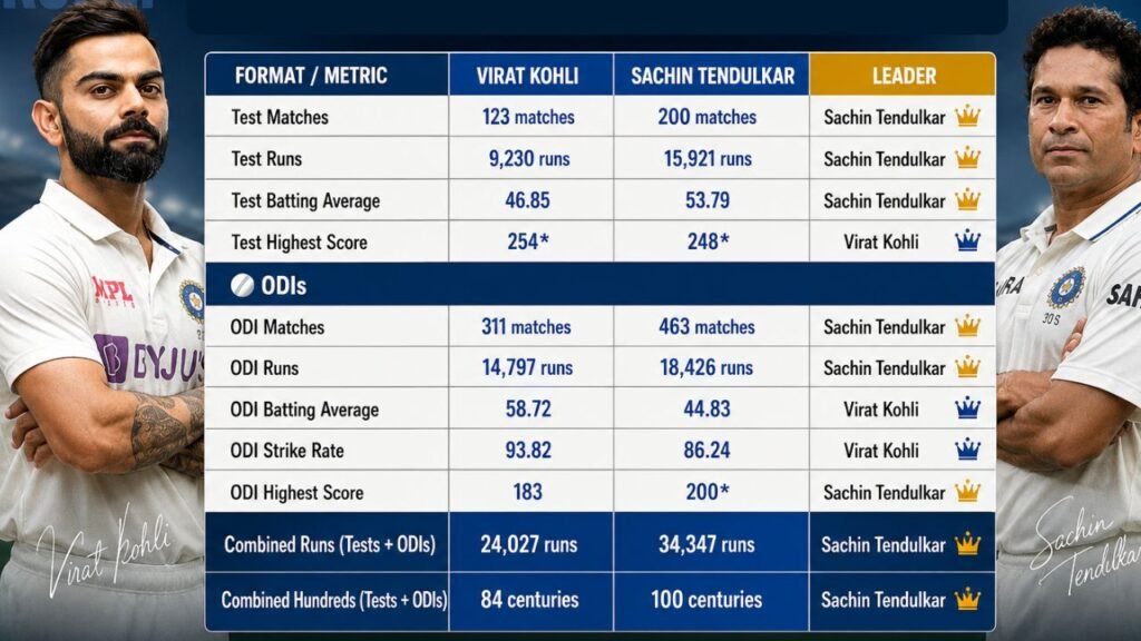 Compare Sachin and Virat's Record in ODIs and Tests